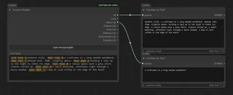 Prompt Builder wired into two Preview as Text nodes: the full prompt on top, one category's line below